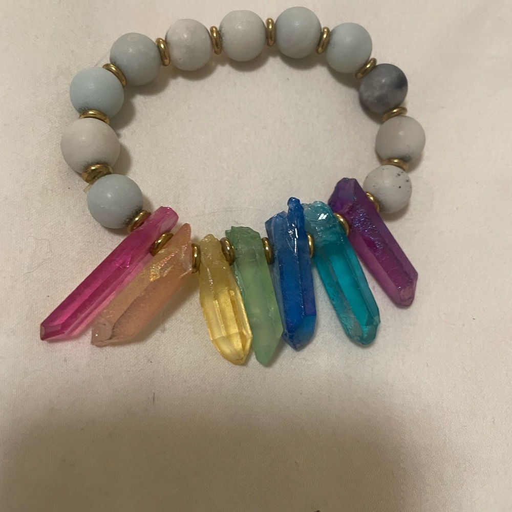 New stretchy natural bead and rainbow quartz bracelet by Hespera.